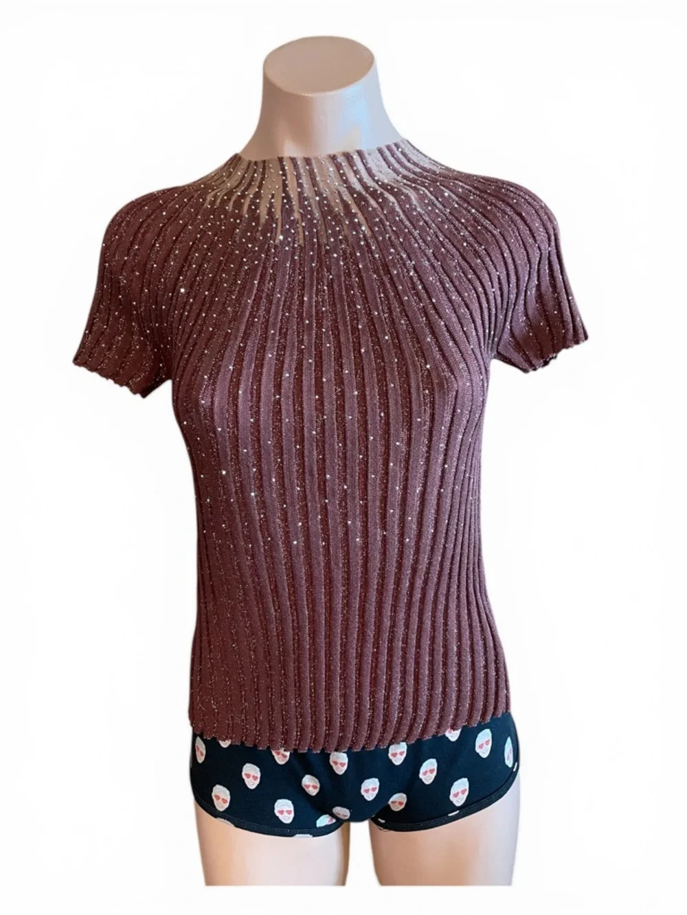 Anewsta Women’s Small Burgundy Ribbed Rhinestone Short Sleeve Knit Blouse