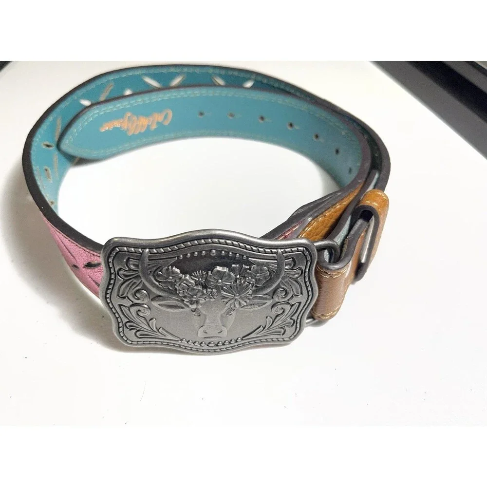 Catchfly Western Studio Belt & Buckle Cow Floral Cutouts Shimmer 2108BE2 Medium