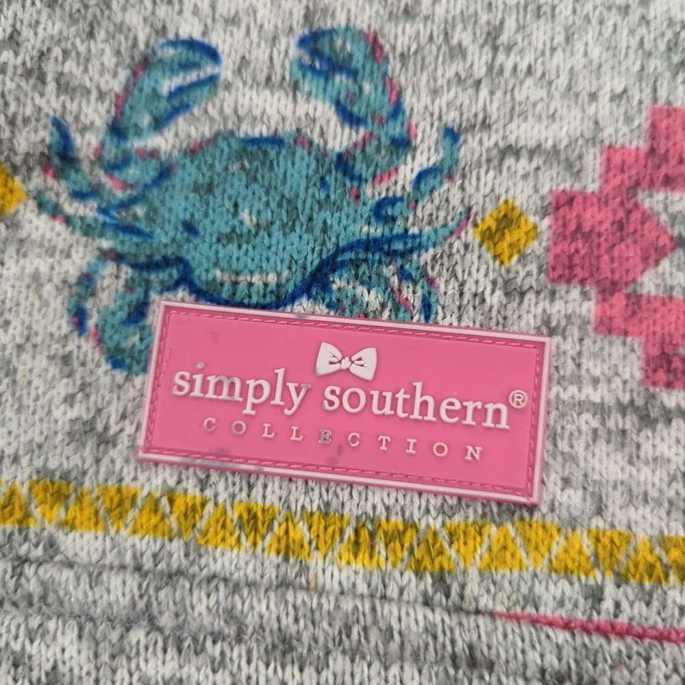Simply Southern Pullover Womens Small Gray Pink Blue Crab‎ Print Aztec Preppy