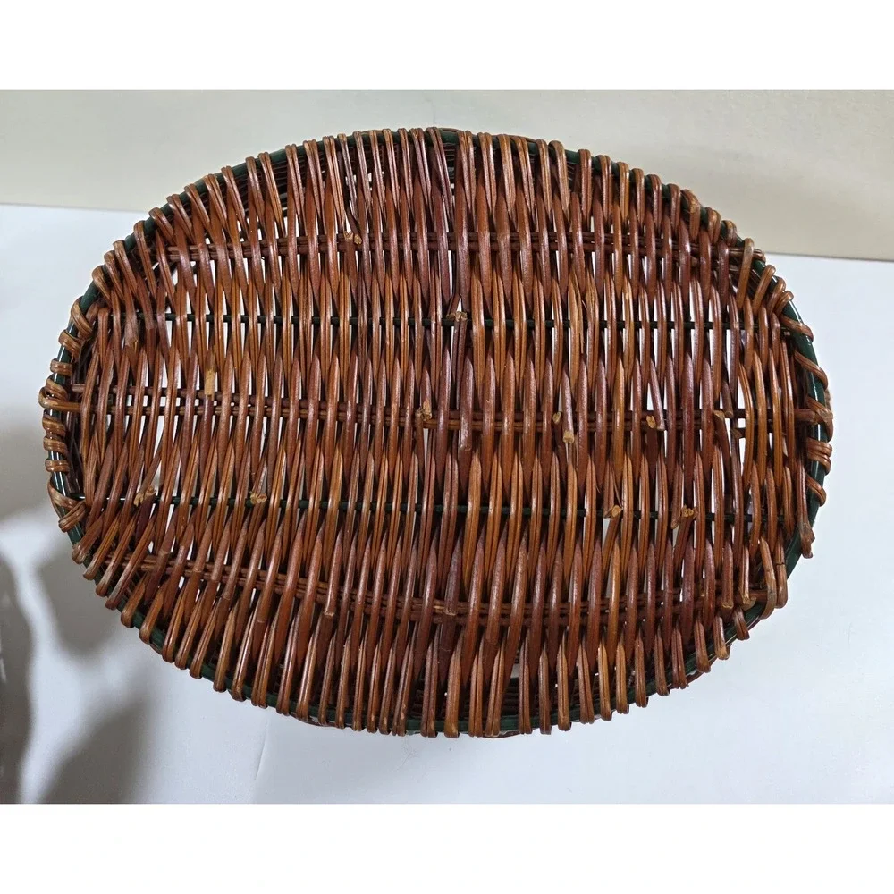 Vtg Pair Metal & Wicker Nesting Baskets W/Fruit Detail & Handles Oval Shape