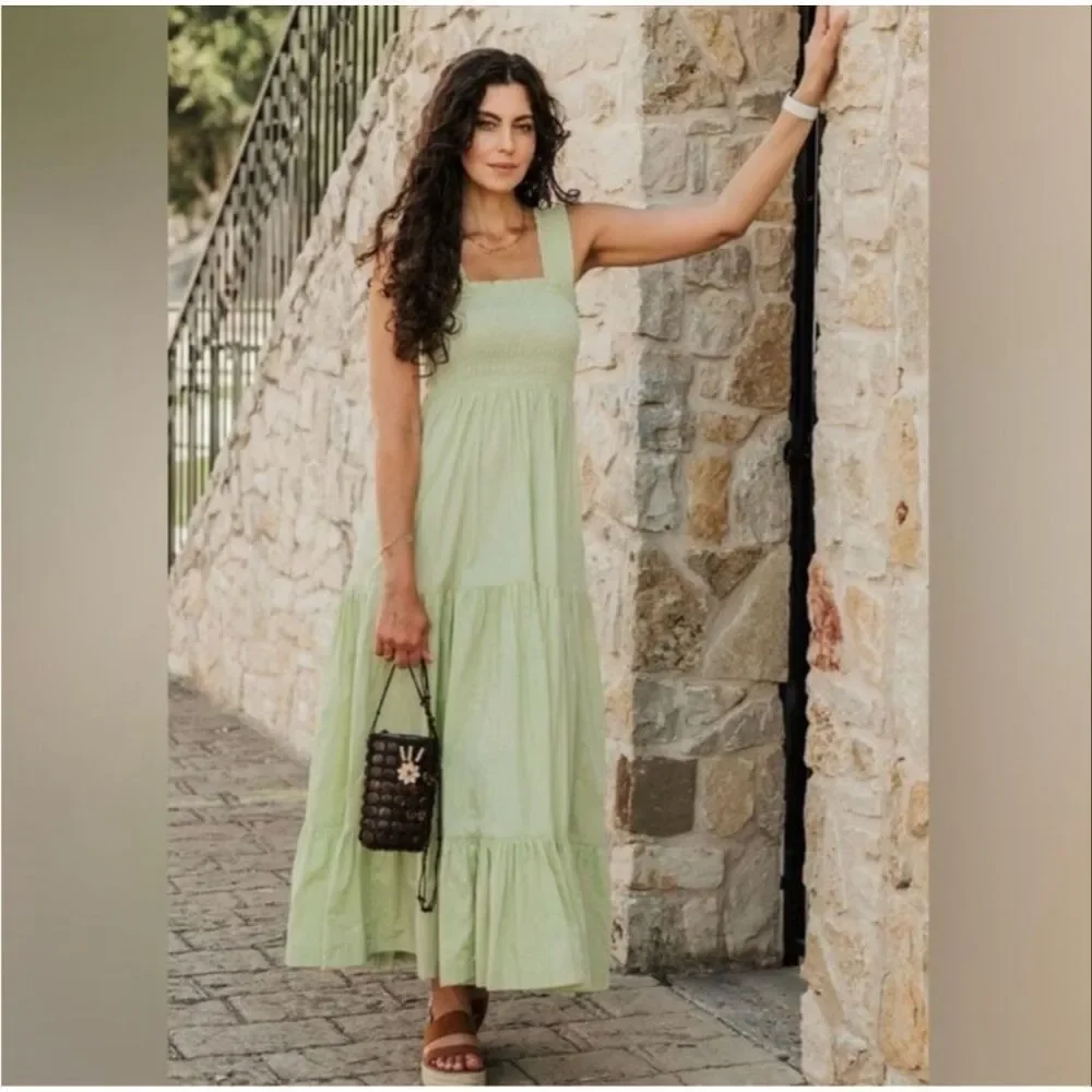 Abercrombie & Fitch Dress Green Smocked Bodice Tiered Boho Size XXS