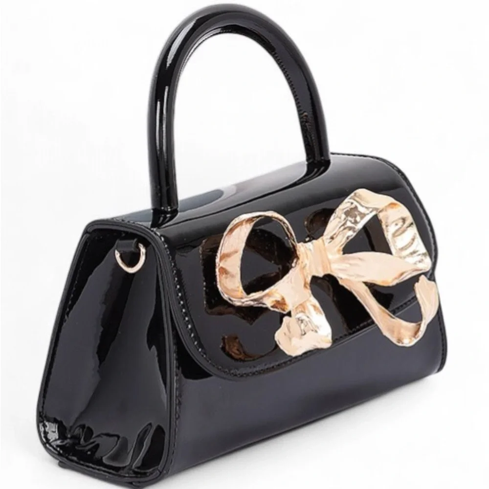 Vegan Patent Leather Gold Bow Top Handle Bag - Red, Black, White