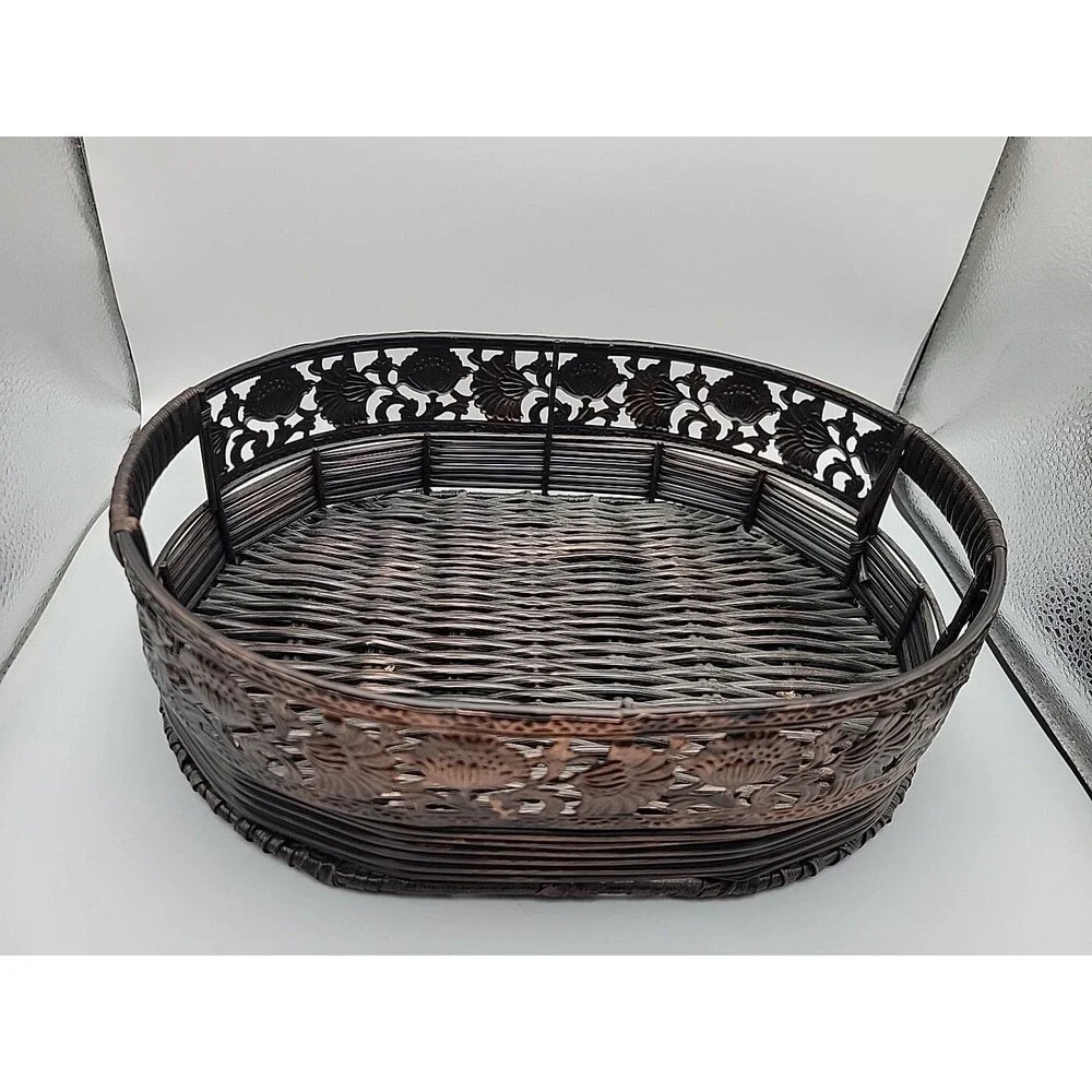 Metal & Wicker Tray Or Decor ~ Vtg Oval Brown Bambo & Copper Look ~ Well Made