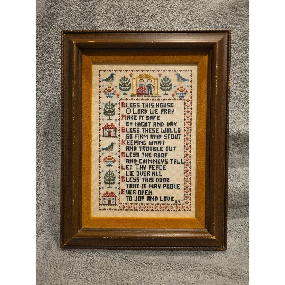 Vintage Needlepoint Wedding Sampler Primitive In Frame 11.5x15 Bless This House