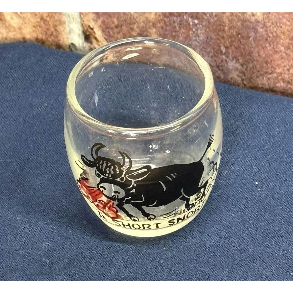 Vintage Novelty Shot Glass A Short Snort Mad Bull‎ Design Barrel Round Shape