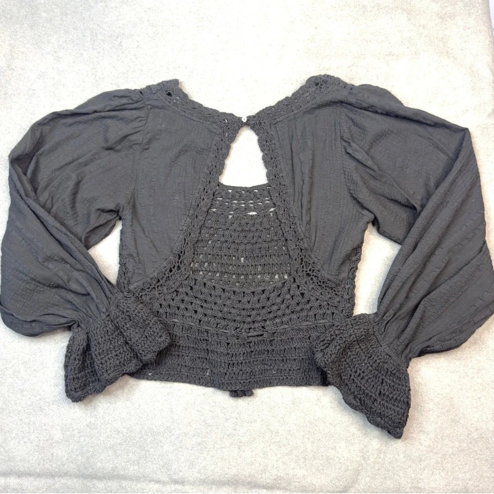Free People Black Crochet Knit Long Sleeve Boho Crop Top Open Back Small