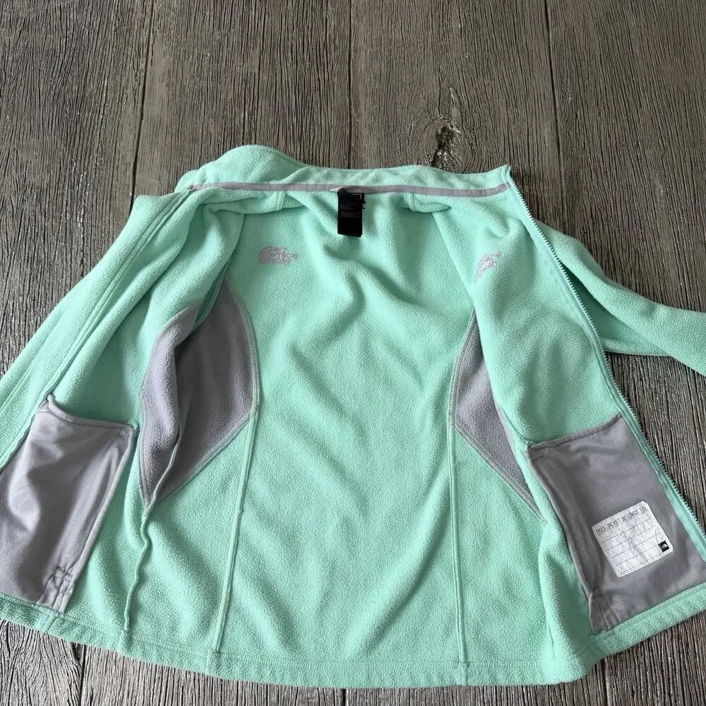 North Face Jacket Girls Large L Green Grey Fleece Full Zip Logo Zippered Pockets