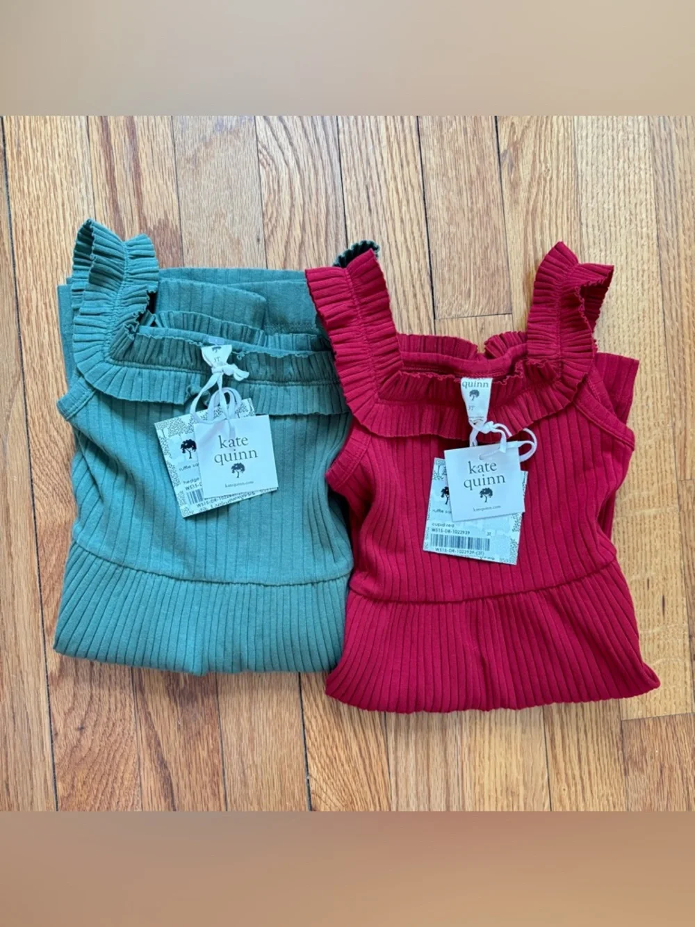 Kate Quinn NWT Lot of (2) Ruffled Square Neck Dress Organic Cotton Ribbed Knit