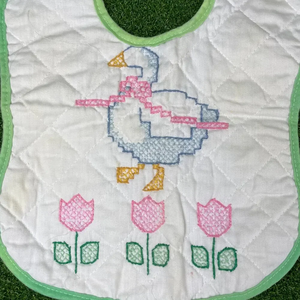 Vintage Hand Embroidered Needle Point Baby Bib Goose Retro Folk Infant Bib