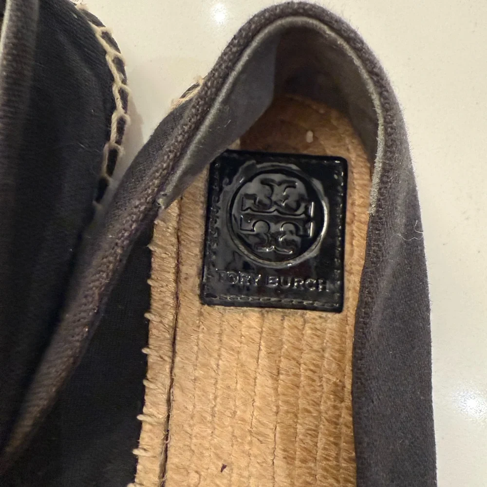 Tory Burch Poppy Espadrille Flats Black Canvas Patent Leather‎ Logo 10M