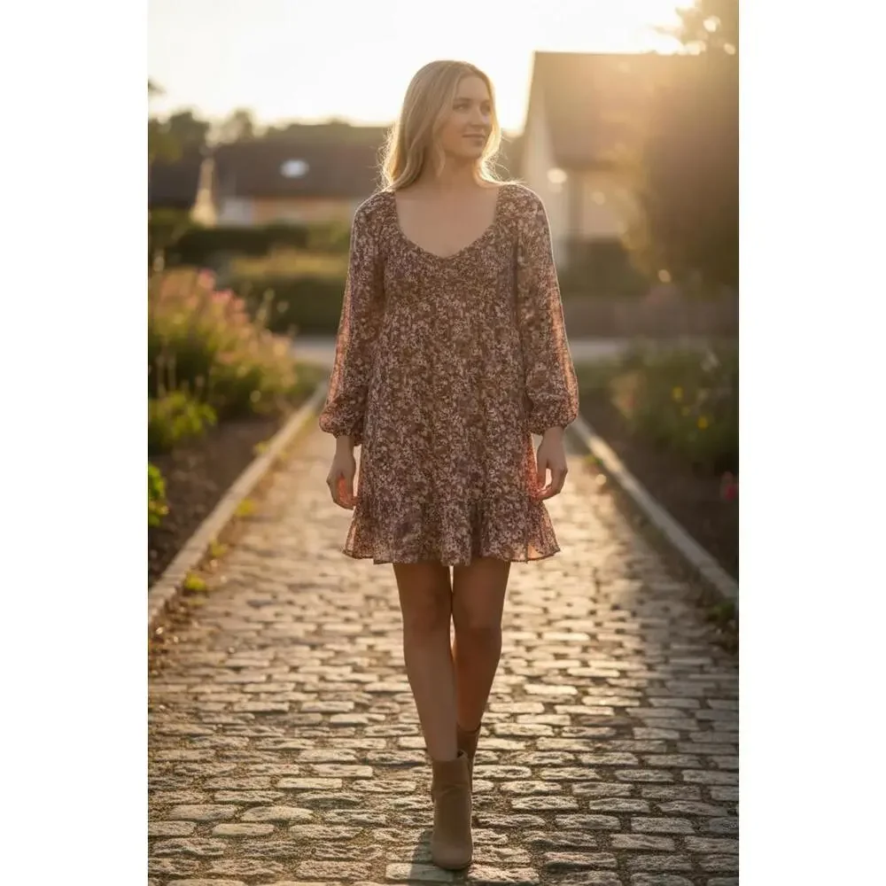 Hollister XS‎ Brown Floral Long Sleeve Dress Boho Peasant Prairie