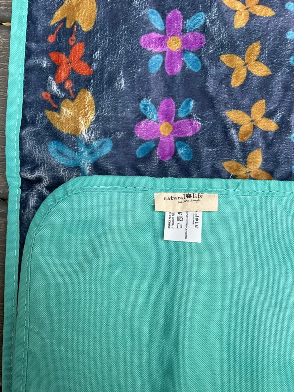 NATURAL LIFE Water Resistant Picnic Blanket 57”x72”Navy Floral w/Teal Border