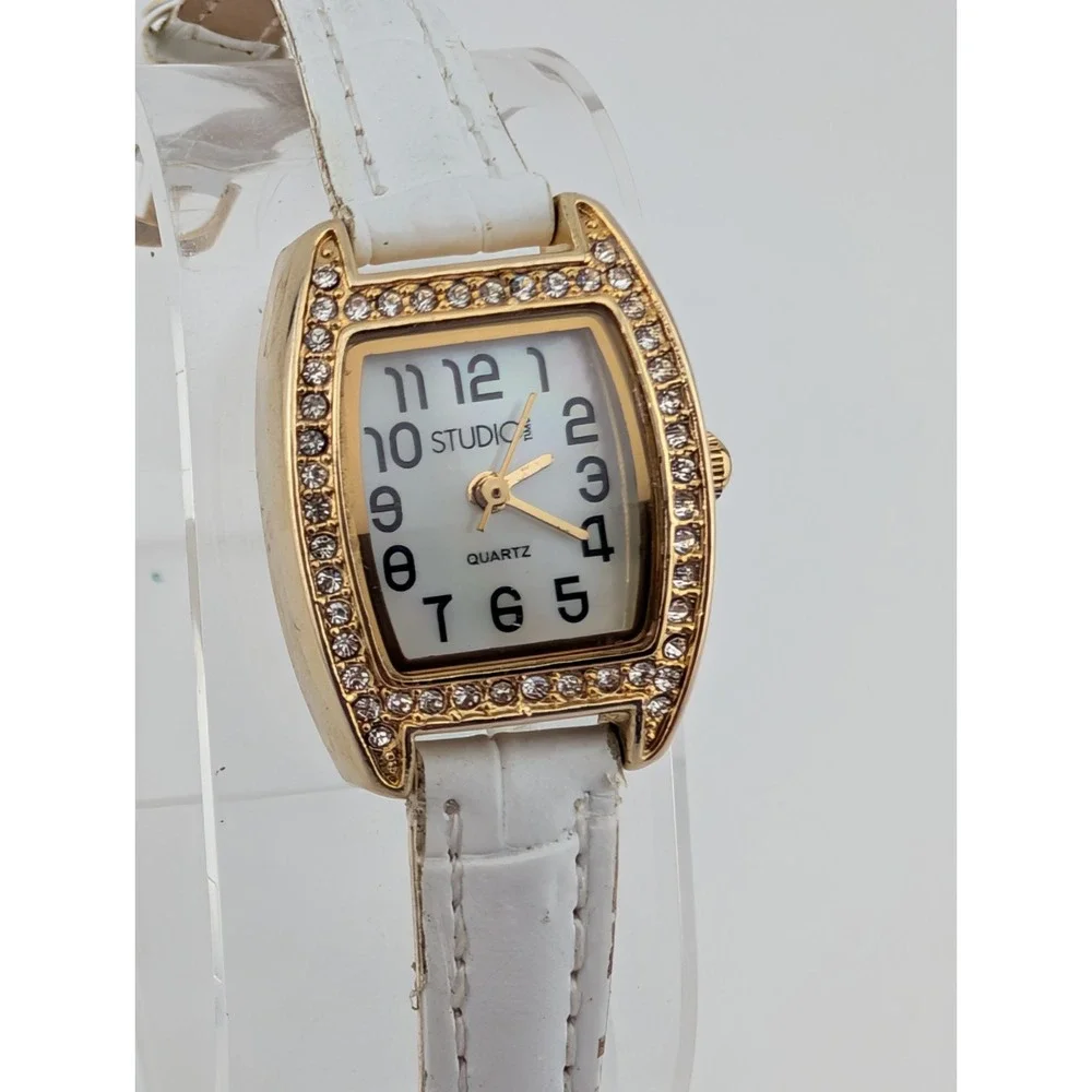 Studio‎ Time Watch Women 21mm Gold Case MOP Dial White Band- New Battery