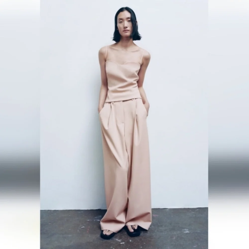 Zara 2 Pc Set Wide Leg Pants & Bustier Corset Top Beige Pink Size S