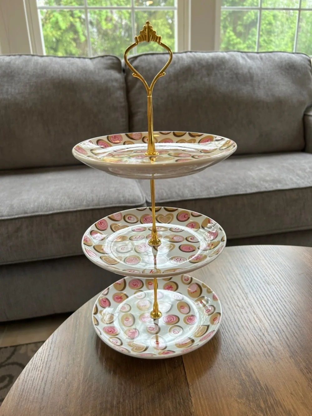 Three-Tier Porcelain Dessert Stand with Pink and Gold Cookie Design