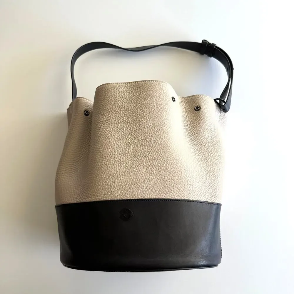 Dagne Dover Ava Bucket Bone Onyx Snap Divided Compartment Leather‎ Shoulder Bag