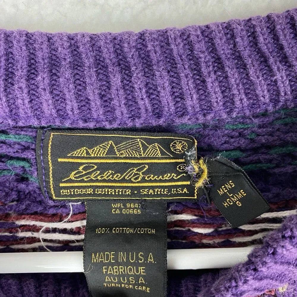 Vintage Eddie Bauer Sweater‎ Mens Size L Purple Geometric Nordic Pullover *READ*