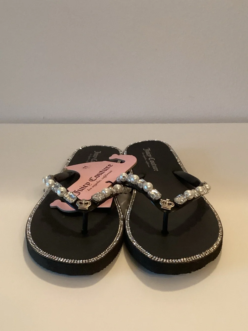 Juicy Couture Womens Black Pearl-Embellished Flip Flops Size 11
