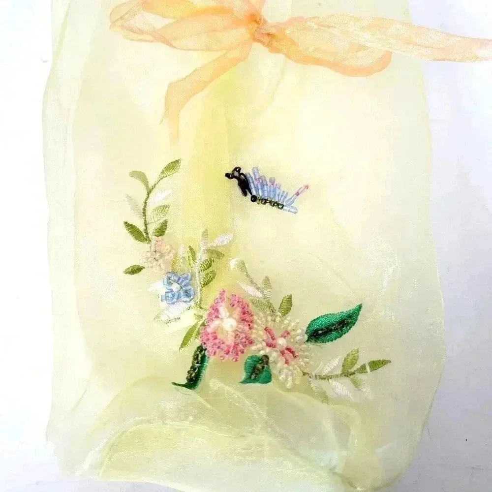 Gift Jewelry Bag Organza Beaded Embroided Pale Yellow Orange Tie 9