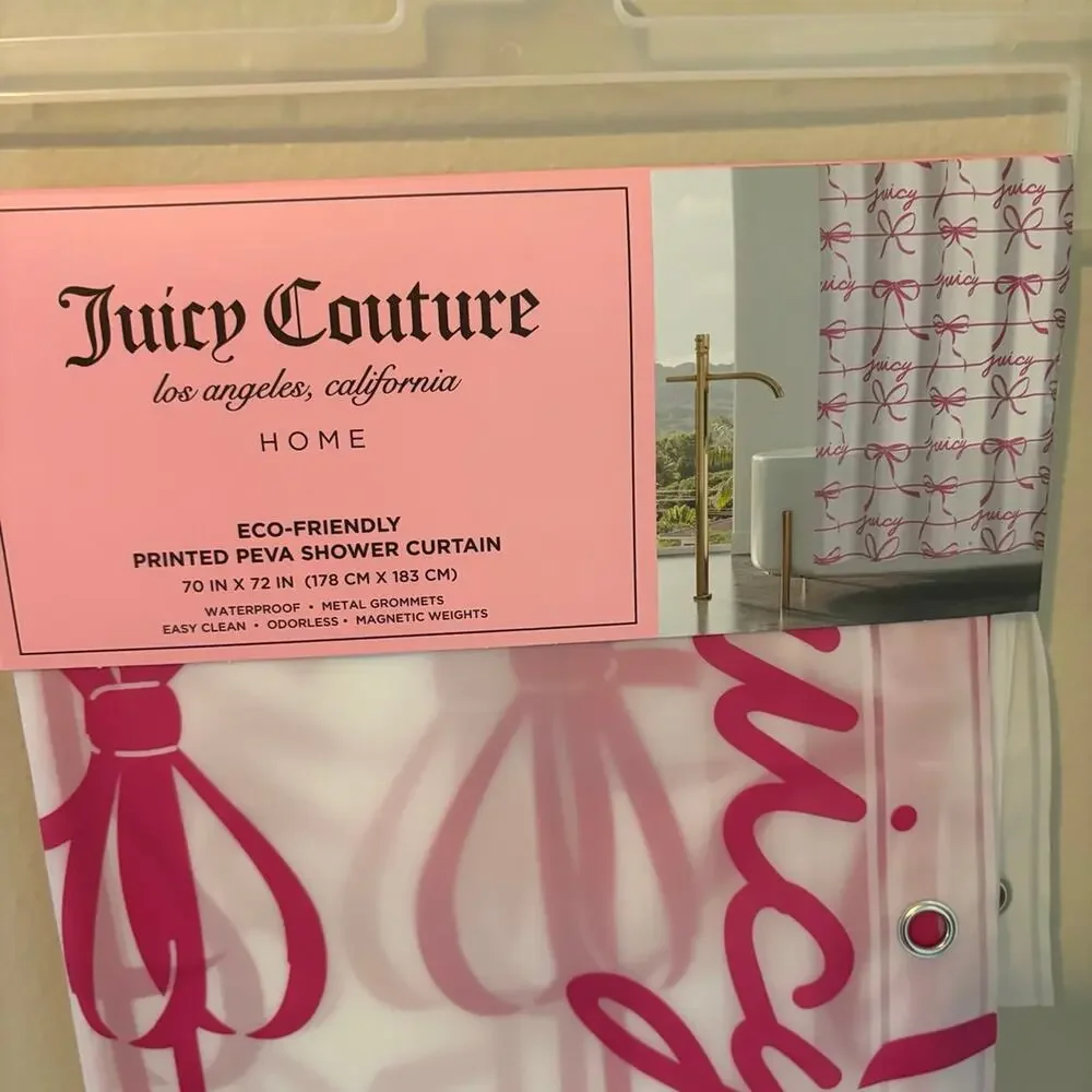 Juicy Couture Pink Ribbon & Logo Print Shower Curtain NWT