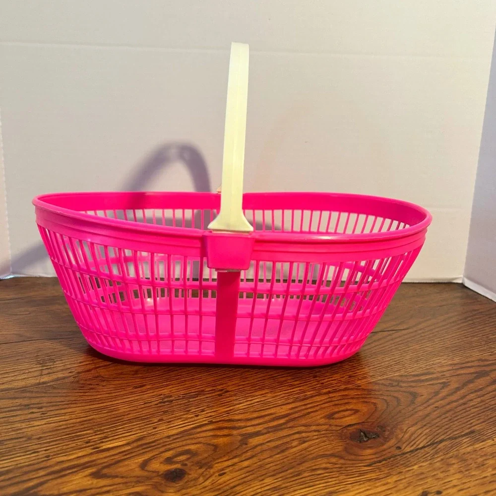 Vintage Neon Hot Pink‎ Plastic Easter Basket with Cream Handle 12.5 Inch