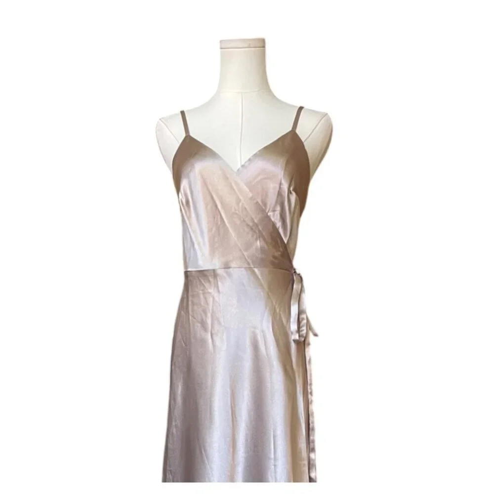 Birdy Grey Cindy Satin Bridesmaid Dress Size S NWT Taupe Wrap Tie‎ Wedding Guest