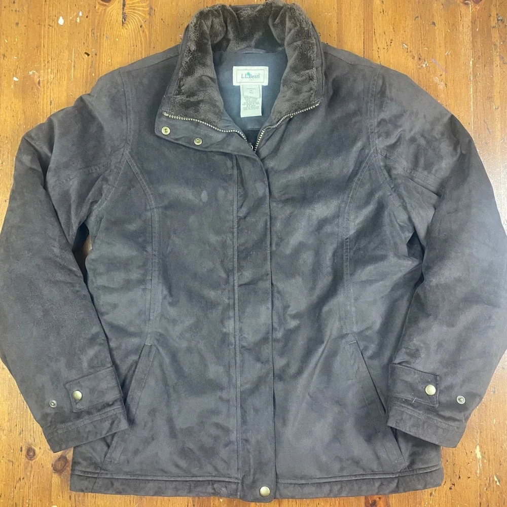 LL Bean Womens Insulated Suede Faux Fur Lined Jacket Black Size‎ M Reg 0FJV4
