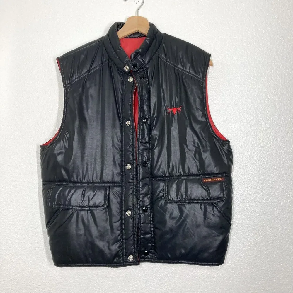 Sergio Valente Vest Mens Large Black Puffer Quilted Dragon Back Embroidered