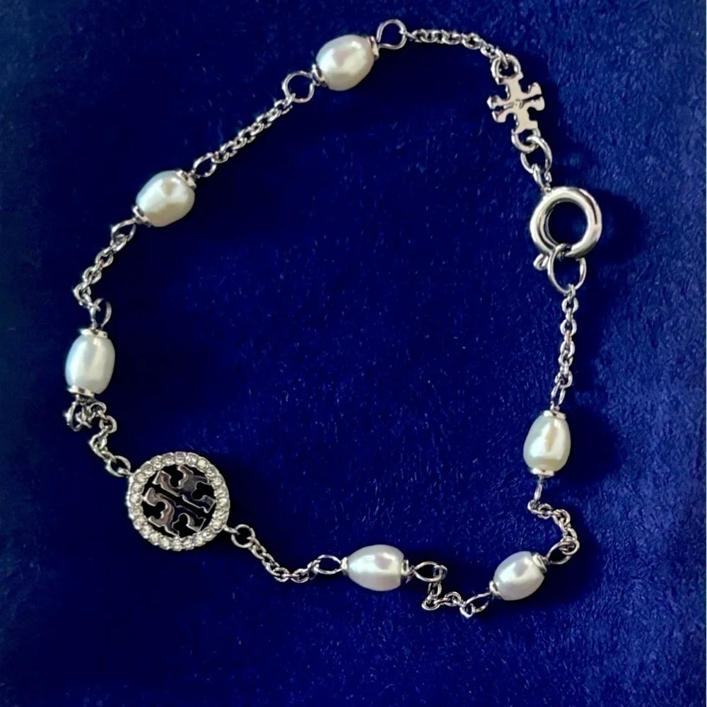 Tory Burch Crystal Pearl Logo Bracelet NEW