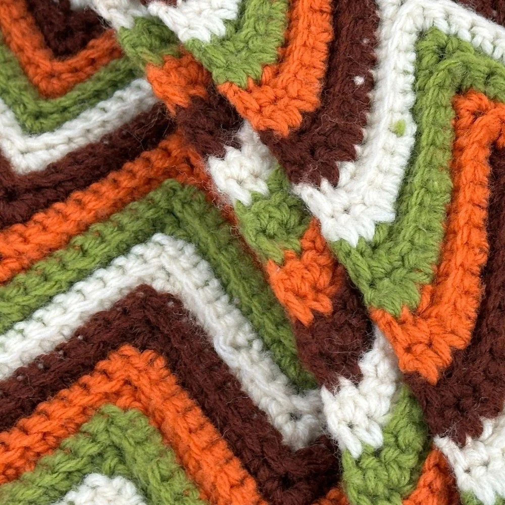 Vintage Zig Zag Chevron Crochet Throw Blanket Brown Orange Green White 50
