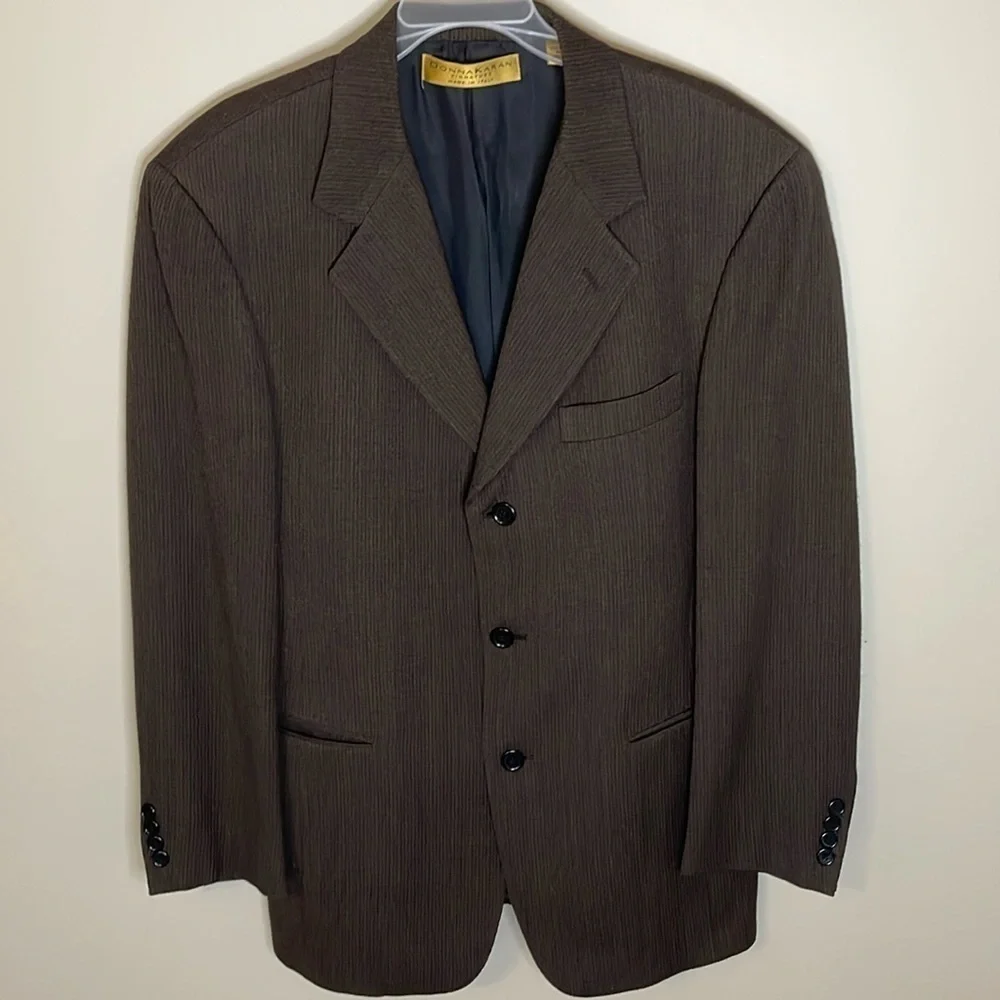 DONNA KARAN Mens 40R 100% Wool Italian Made 3 Button Brown Stripe Blazer Teacher
