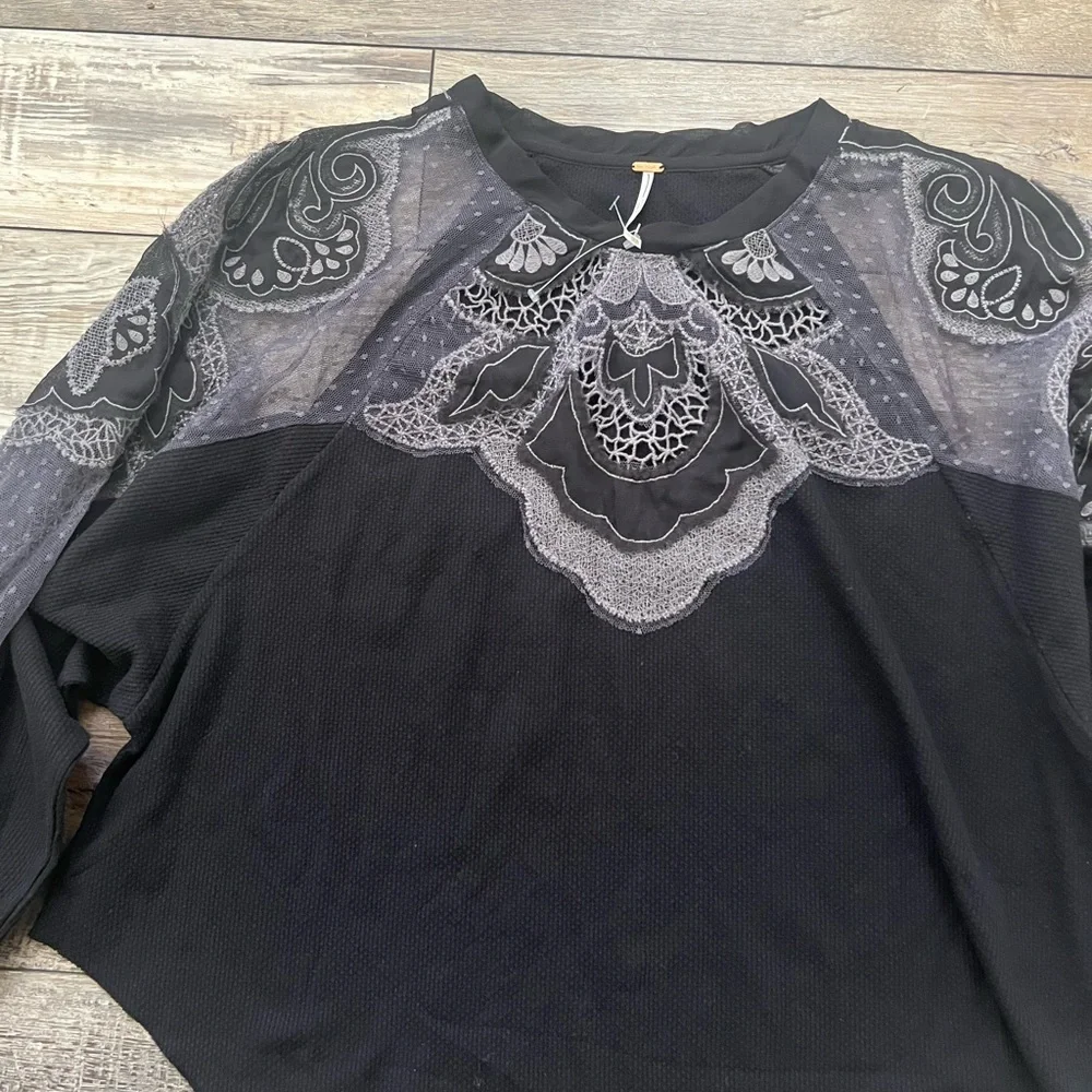 NWOT Free People Toni Sheer Embroidered Crochet Lace Thermal Top size xs