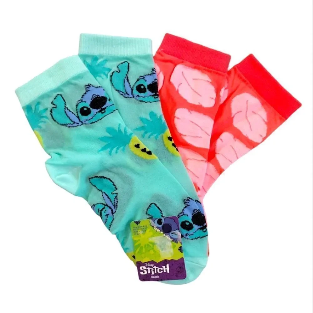 Disney Neon Stitch Prints 2 Pairs Nylon Mid Crew Capri Socks NWT