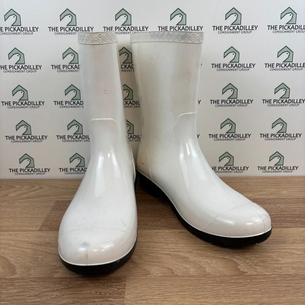 UGG White Rain Boots Women's Size 11 Mid Calf Waterproof‎ Rubber Lug Sole Shiny