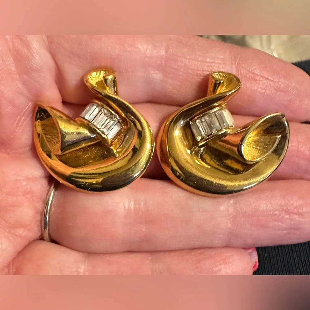Vintage‎ Givenchy Clip On Earrings Scroll Rhinestones