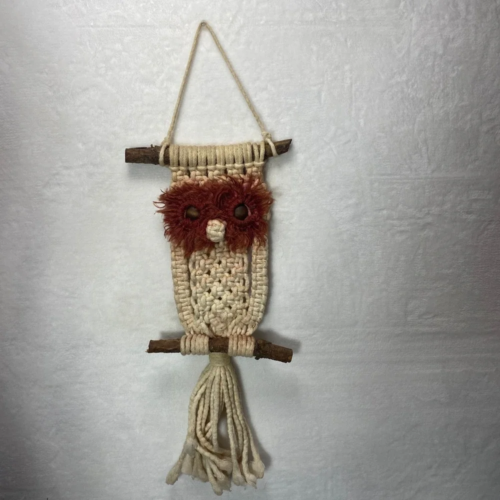 VTG 70s Boho Macrame Jute Owl Wood Wall Hanging Woven Driftwood Rustic Farmhouse