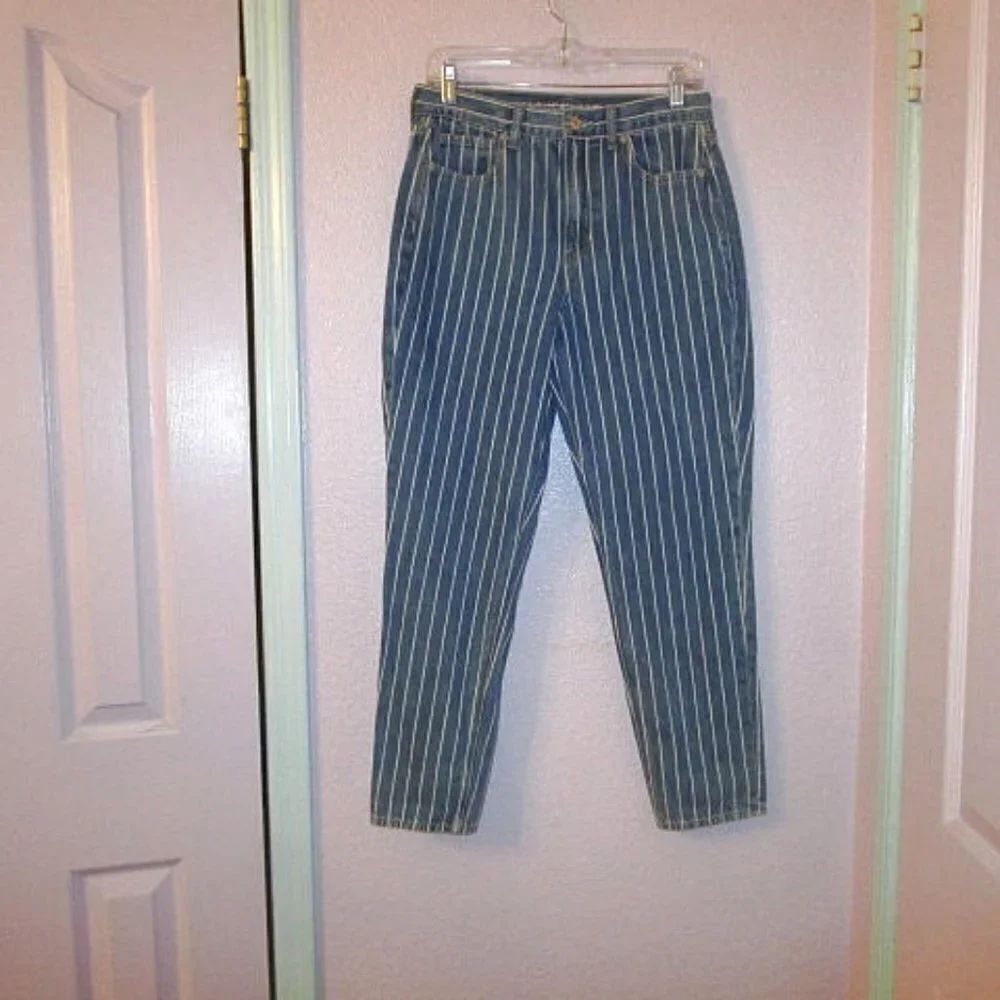 American Eagle Mom Jeans Womens 6 High Rise Denim Blue Striped Retro Festival