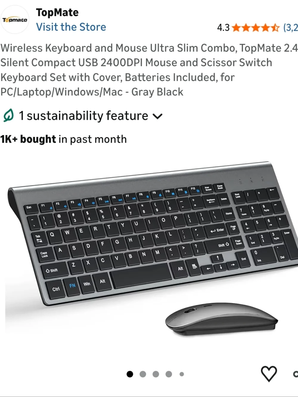 KM9000 TopMate Wireless Keyboard Combo Ultra Slim Gray Black