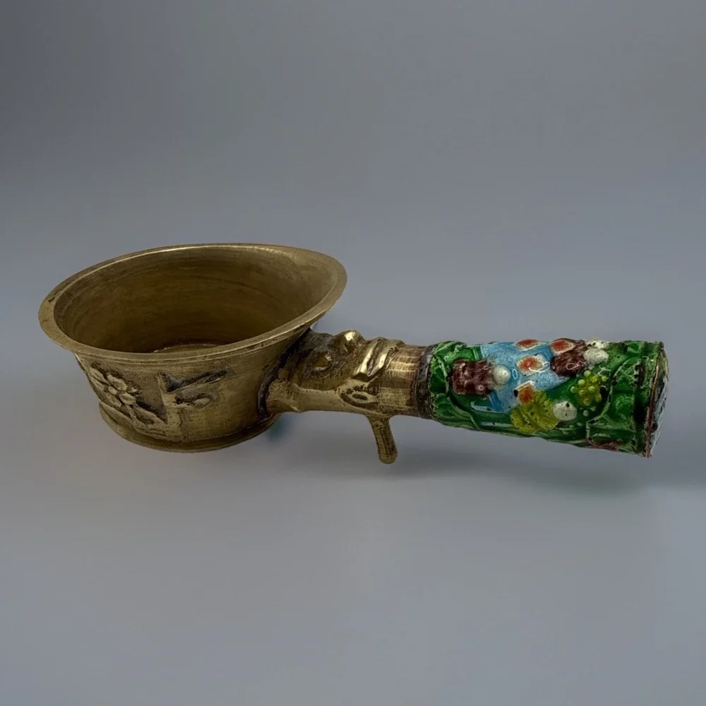 Vintage 1960's Brass Chinese Silk Iron With Enamel Cloisonné Handle Scoop