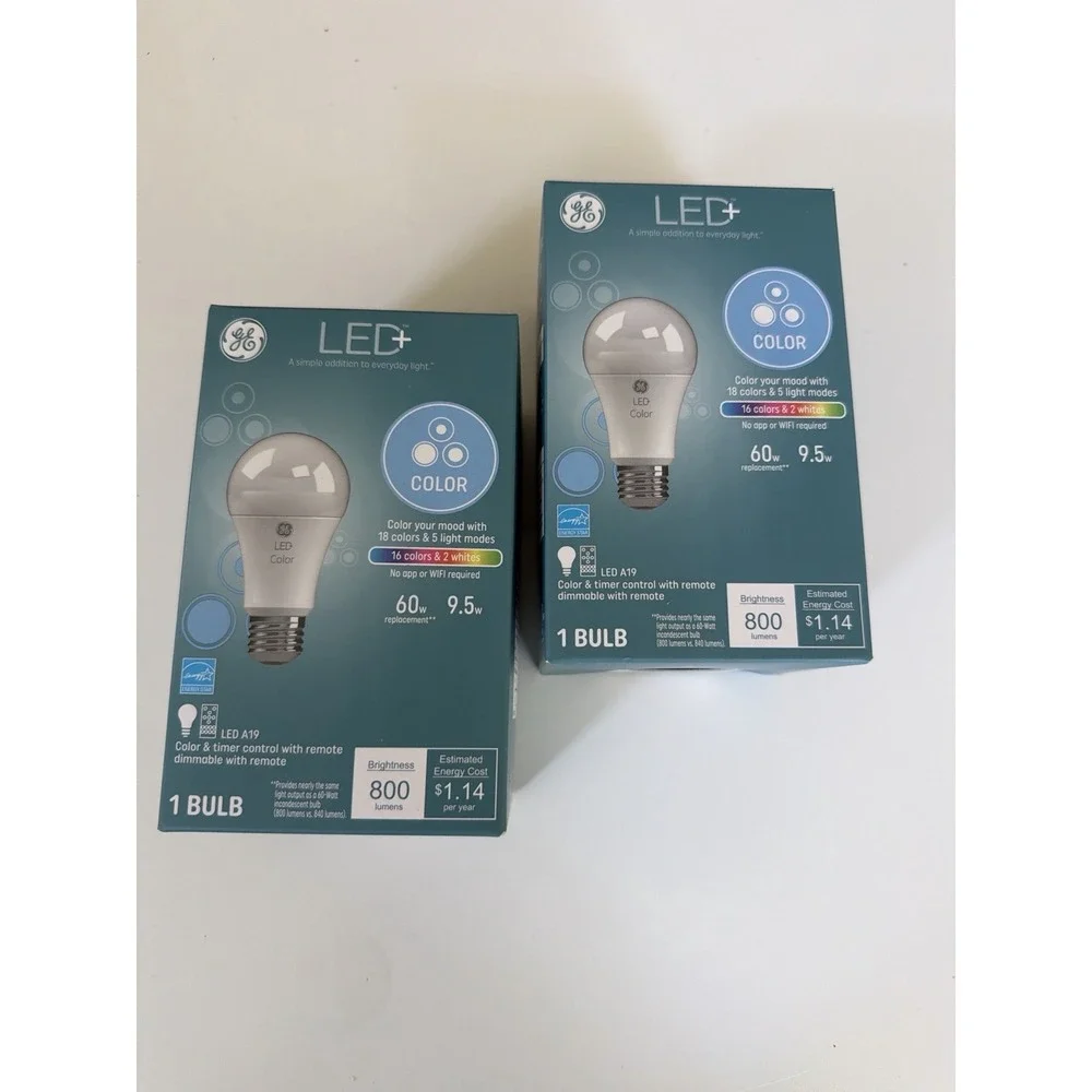 Lot of 2 GE LED+ Color A19 Bulbs 60W Eq 800lm Remote 16 Colors NEW.    5194