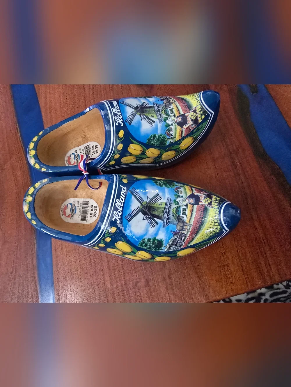 Holland Blue Kids Wooden Moccasin Clogs with Tulip & Windmill Art