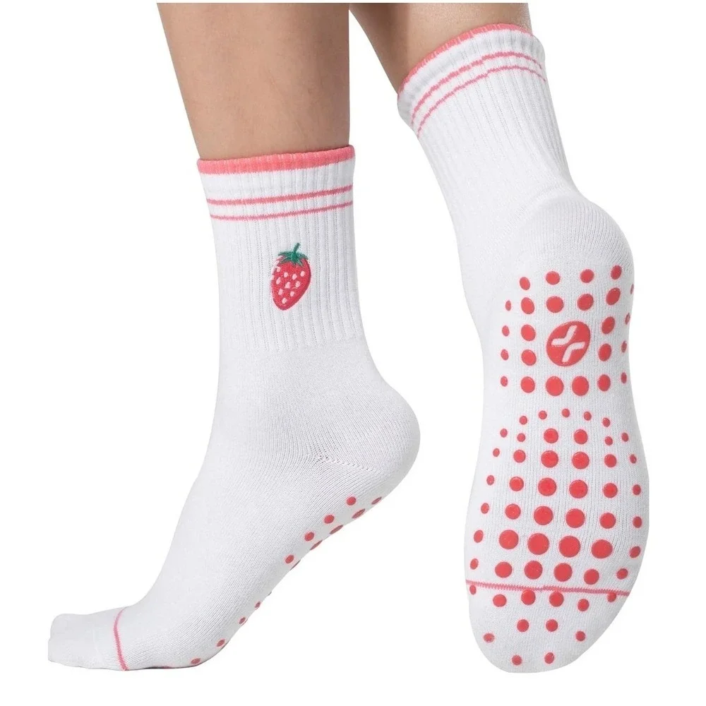 Coolmate Strawberry Embroidered Yoga Pilates Grip Socks White Pink OS 6-10