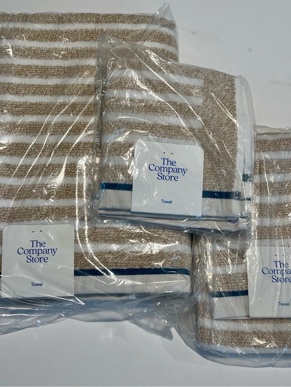 The Company Store 4 piece Beige & White Striped Towel set with Navy Accent