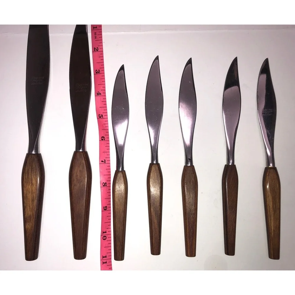 Vintage MCM Fleetwood Teak Handles 5 Pc Steak Knife & 2 Carving Knife Set‎