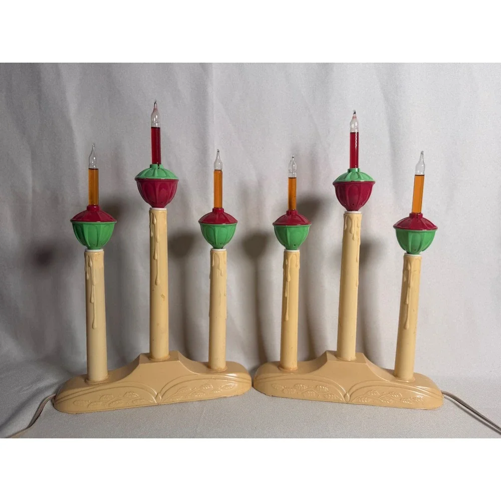 Vintage Christmas Bubble Light Candelabra Pair Red Green 3-Light