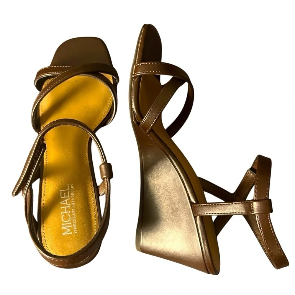 Michael Shannon Brown Wedge Sandals with Slingback Strap women’s SZ 8