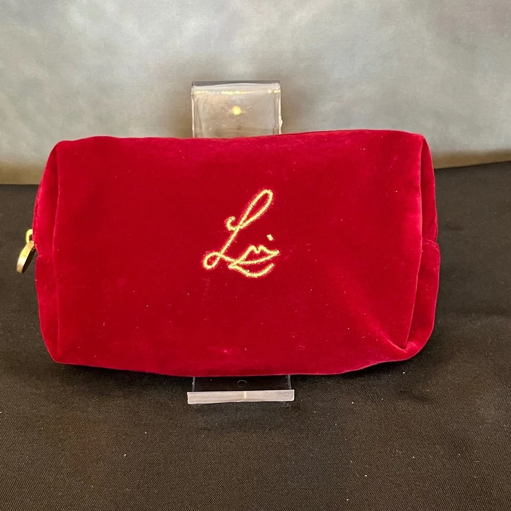 Lisa Eldridge Luxury Velour Cosmetic Bag Red Gold Logo Zipper‎ Pouch