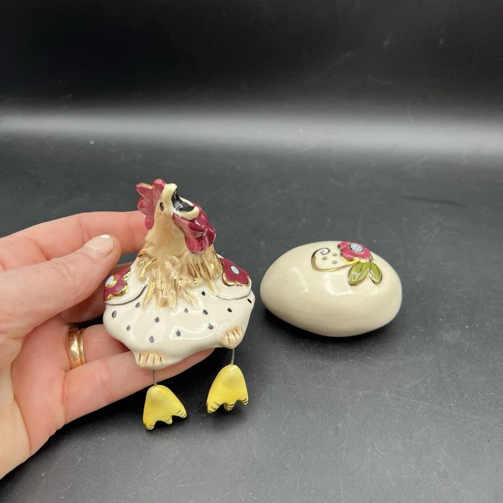 BlueSky Clay Heather Goldminc Whimsical Rooster & Egg Salt and Pepper Shaker Set