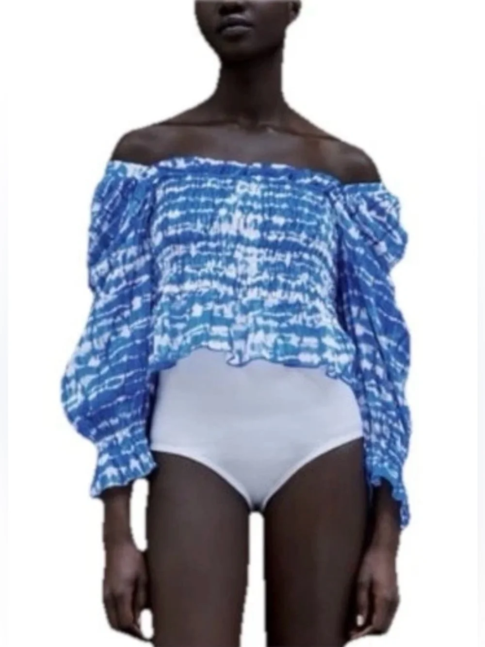 Zara Blue Tie-Dye Cropped Off The Shoulder Shirred Peplum Top w Puff Sleeves-Sm