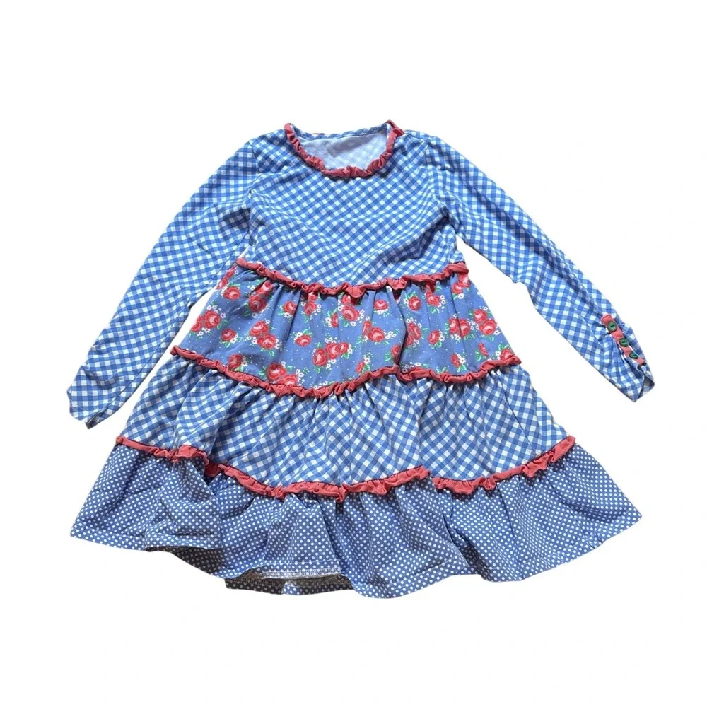 Serendipity‎ Dress Kids Blue Gingham Floral Tiered Ruffle Excellent SIZE M 5-6